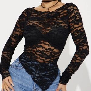 Fashion Nova Black Asymmetrical Long Sleeve Bodysuit
